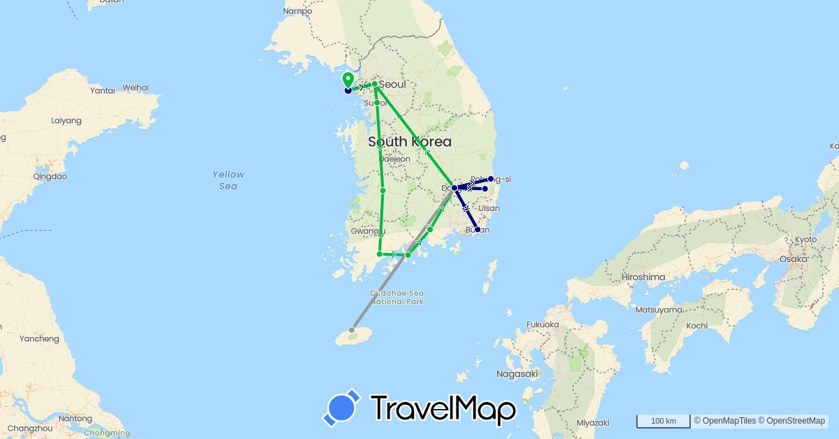 TravelMap itinerary: driving, bus, plane in South Korea (Asia)